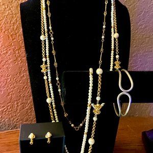 Triple Necklace goldtone and white faux pearl w/ cuff and clip on earrings